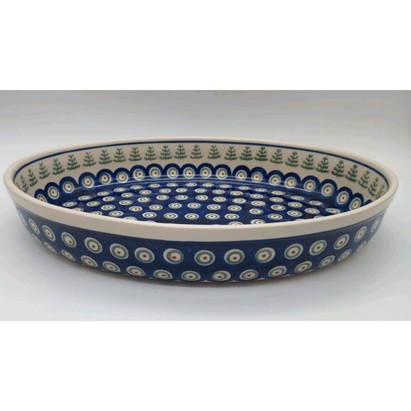 Boleslawiec Polish Pottery Oval Casserole Dish Peacock Eyes Pine Trees - Picture 1 of 6